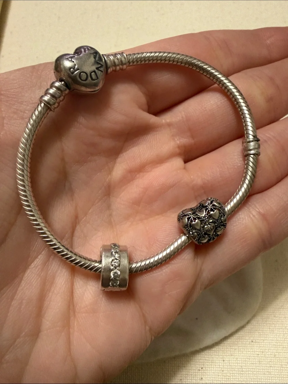 Pandora Silver Heart Charm Bracelet with Filigree Heart